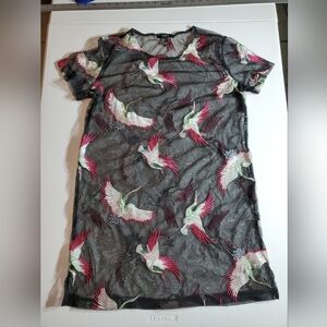 Forever 21 Lg Black Sheer Mesh Dress with Pink and Cream Crane Embroidery